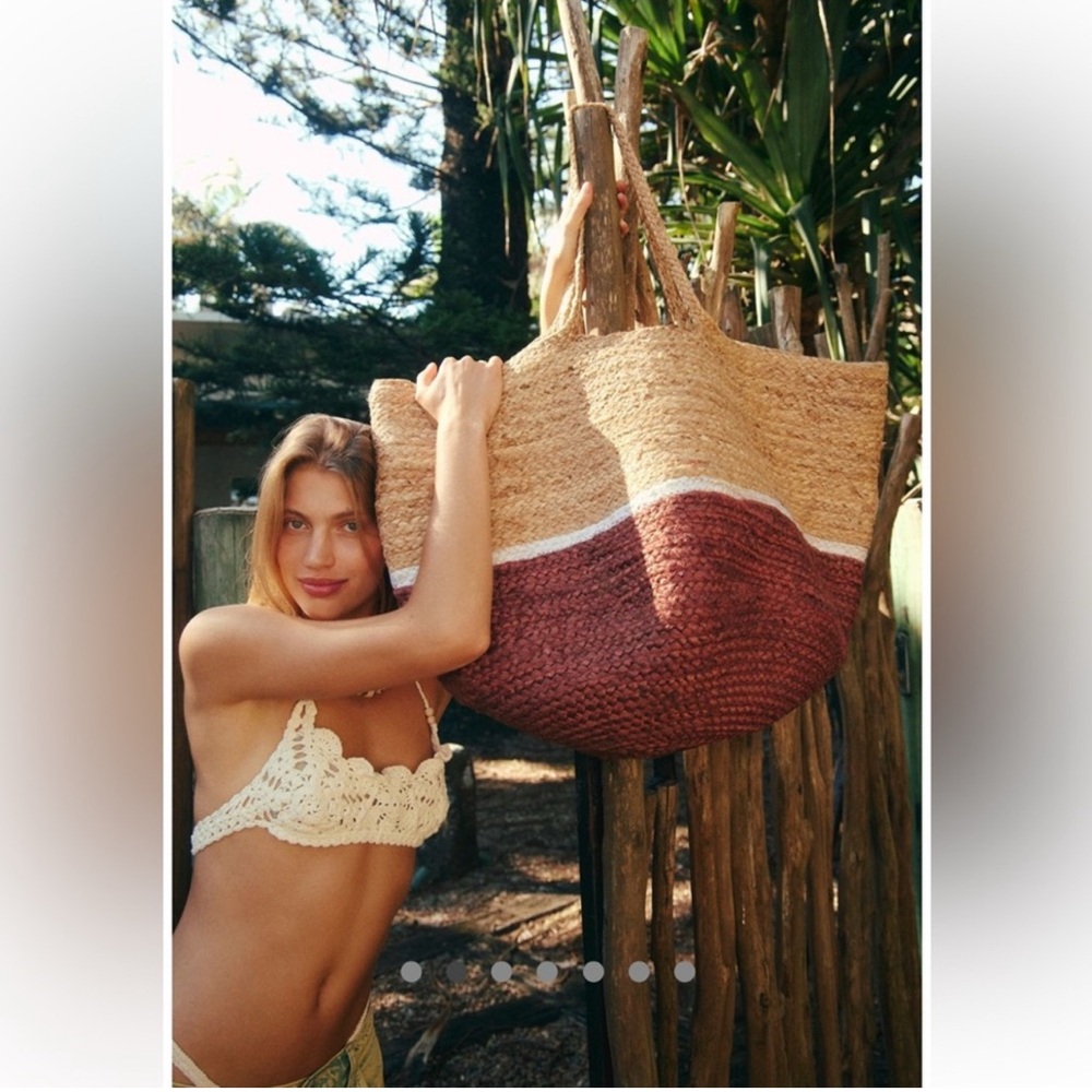 Free People Woven Tan and Brown Tote - Picture 8 of 8